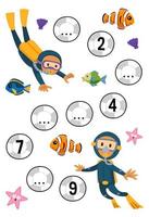 Education game for complete the sequence of number with cute cartoon diver and fish picture printable underwater worksheet vector