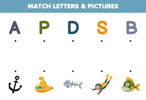 Education game for children match letters and pictures of cute cartoon anchor submarine bone diver piranha printable underwater worksheet vector