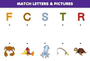 Education game for children match letters and pictures of cute cartoon crab fish squid rod turtle printable underwater worksheet vector