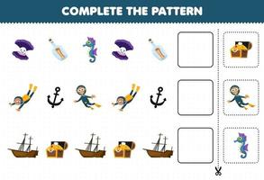 Education game for children cut and complete the pattern of each row from a cute cartoon shell bottle seahorse diver anchor wrecked ship treasure chest worksheet vector