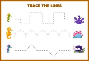 Education game for children handwriting practice trace the lines with cute cartoon seahorse move to coral underwater worksheet vector