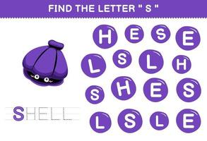 Education game for children find the letter S with cute cartoon shell printable underwater worksheet vector