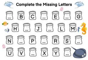 Education game for complete the missing letters with cute cartoon manta seahorse and stingray picture printable underwater worksheet vector
