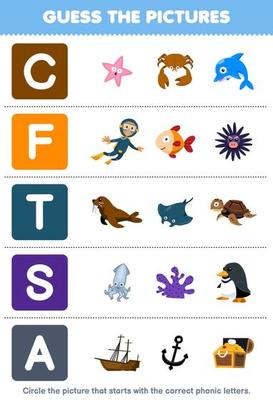 Education game for children guess the correct picture for phonic word that  starts with letter C F T S and A printable underwater worksheet 16208297  Vector Art at Vecteezy