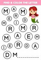 Education game for children find and color letter M for mermaid printable underwater worksheet vector