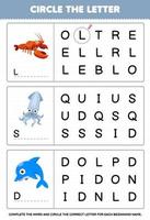 Education game for children circle the beginning letter from cute cartoon lobster squid dolphin printable underwater worksheet vector