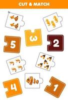 Education game for children cut piece of puzzle and match by number of cute cartoon fish seahorse shrimp hermit crab printable underwater worksheet vector