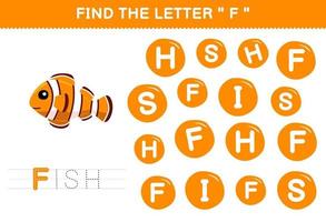 Education game for children find the letter F with cute cartoon fish printable underwater worksheet vector