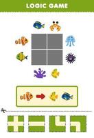 juego educativo para niños rompecabezas de lógica construye el camino para el pez naranja muévete a otro pez hoja de trabajo subacuática imprimible vector