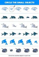 Education game for children circle the smallest object in each row of cute cartoon manta hammer shark dolphin stingray printable underwater worksheet vector