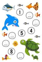 juego educativo para completar la secuencia de números con una linda caricatura de delfines y tortugas hoja de trabajo subacuática imprimible vector