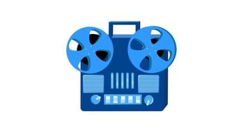 Retro audio music tape recorder old vintage with magnetic film reels hipster for geeks from 70s, 80s, 90s isolated on white background. Video in high quality 4k, motion design