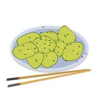 salad with fresh cucumber and black sesame in a round plate with bamboo sticks vector