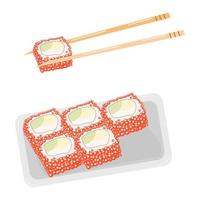 bamboo sticks on a flat plate california rolls with avocado and red caviar vector