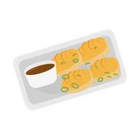 Gyoza pies with soy sauce decorated with green onions on a rectangular plate on a white background vector