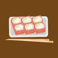 california rolls with avocado and red caviar on a plate on a dark background vector