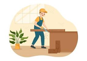 Woodworking with Wood Cutting by Modern Craftsman and Worker using Tools Set in Flat Cartoon Hand Drawn Template Illustration vector