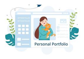 cartera personal con datos de perfil, currículum o superación personal para atraer clientes y empleadores en dibujos animados planos dibujados a mano ilustración de plantillas vector