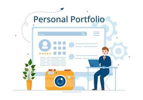 cartera personal con datos de perfil, currículum o superación personal para atraer clientes y empleadores en dibujos animados planos dibujados a mano ilustración de plantillas vector