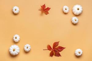 calabaza blanca y hojas de arce naranja aisladas sobre fondo beige vista superior plana hola otoño, otoño, septiembre, octubre, noviembre, feliz concepto de acción de gracias espacio de copia de tarjeta de vacaciones foto