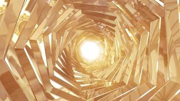 A rotating golden metal tunnel with walls of ribs and lines in the shape of a hexagon with reflections of luminous sunbeams. Abstract background. Video in high quality 4k, motion graphics design