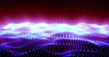 ondas de energía púrpura de puntos de partículas y líneas de rayas que brillan con una belleza futurista y rayos de amanecer que brillan. fondo abstracto, protector de pantalla, video en alta calidad 4k