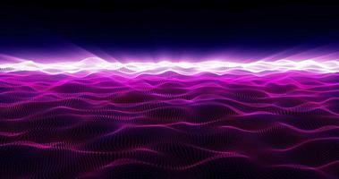 Abstract animation motion design with beautiful bright purple glowing energy electric magic cosmic lines waves of particles against the backdrop of a glowing luminous sunset in high resolution 4k video