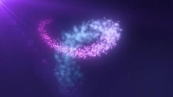 resumen volando mágica línea brillante de partículas de energía púrpura en los rayos de un sol brillante sobre un fondo oscuro. fondo abstracto. video en alta calidad 4k, diseño de movimiento