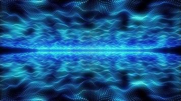 futuristische abstract blauw gloeiend golven dots en deeltjes schijnend magisch neon energie lijnen van bovenstaand en hieronder Aan een zwart achtergrond. abstract achtergrond. video in hoog kwaliteit 4k
