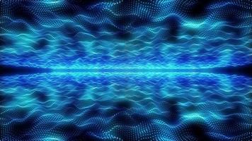 Futuristic abstract blue glowing waves dots and particles shining magical neon energy lines from above and below on a black background. Abstract background. video in high quality 4k