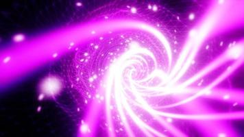Abstract purple futuristic tunnel from a grid of particles lines glowing bright shiny neon digital magical energy on a dark background. Abstract background. Video in high quality 4k, motion design