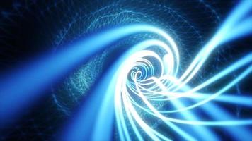 Abstract blue futuristic tunnel from a grid of particles lines glowing bright shiny neon digital magical energy on a dark background. Abstract background. Video in high quality 4k, motion design