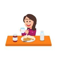 Happy little girl has breakfast with milk and bread vector