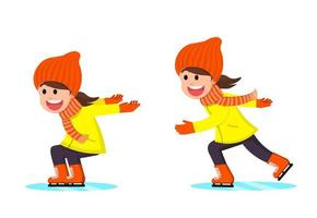 Little girl wearing winter clothes with ice skating poses vector