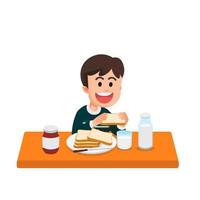 Happy boy has breakfast with milk and bread vector