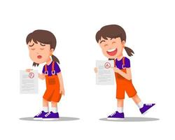 A little girl with a different expression when she got bad and good grades vector