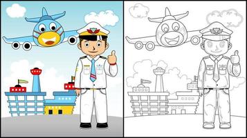 Coloring book of pilot with funny plane on airport background vector