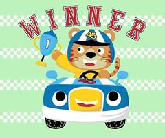 Cute tiger in racer costume holding trophy on funny race car vector