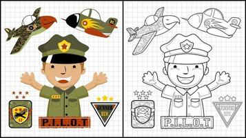 libro para colorear de divertidos dibujos animados piloto con avión militar vector