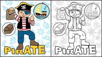 libro para colorear de un niño disfrazado de pirata en el fondo del patrón del elemento pirata vector