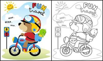 Coloring book of cute bear in biker costume with turtle on motorcycle vector