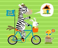 Vector cartoon of zebra with bunny on bicycle little duck holding traffic sign on tree stump
