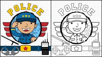 Coloring book of policeman cartoon with police equipment vector