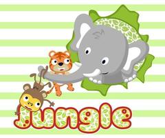 Vector illustration of elephant cartoon with tiger and monkey