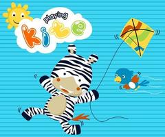 Cute zebra with little bird playing kite, sun behind cloud vector