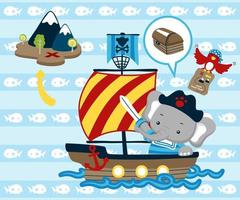 Cartoon elephant and bird in pirate costume on sailboat, pirate element illustration vector