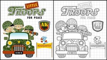 Coloring book of funny soldiers on truck, bird perch on banner vector