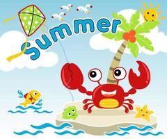 Vector illustration of cute crab cartoon playing kite with marine animals in the beach. Summer element cartoon