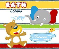 Lindo elefante y oso de dibujos animados jugando agua con peces sobre fondo de rayas de colores vector