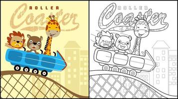 libro para colorear de dibujos animados de animales divertidos en montaña rusa vector